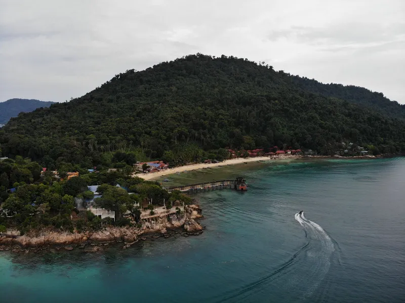 Forested hill and buildings above a coast, a boat moving on the sea