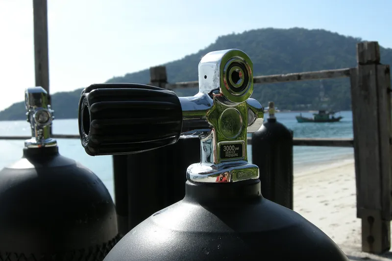 Scuba diving tank, diving cylinder used by Malaysian Navy special operations unit for underwater diving exercise. Pulau Perhentian Besar Island, Malaysia.