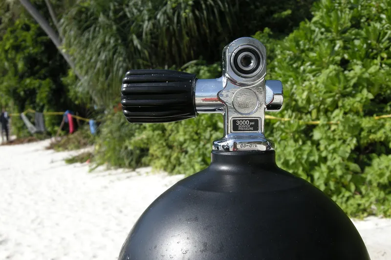Scuba diving tank, diving cylinder used by PASKAL Malaysian Navy special operations unit for underwater diving exercise. Pulau Perhentian Besar Island, Malaysia