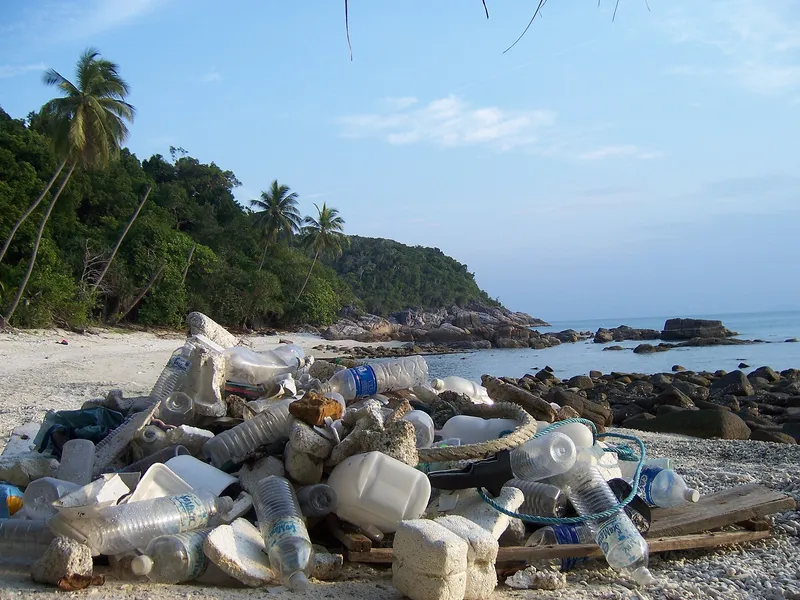 Collected trash on Perhentian Kecil beach, Perhentian Islands, Malaysia