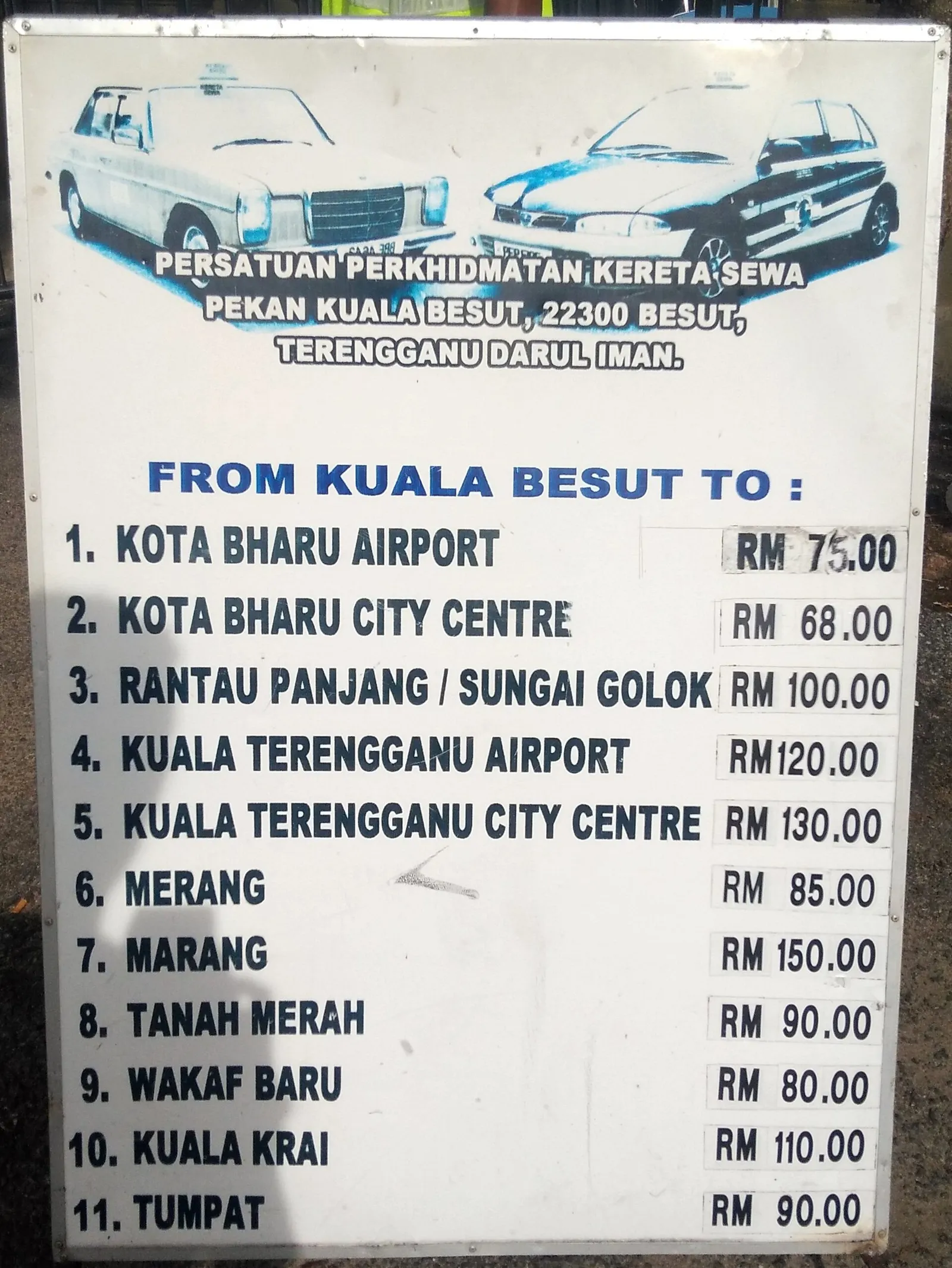 Kuala Besut jetty taxi fares, June 2018